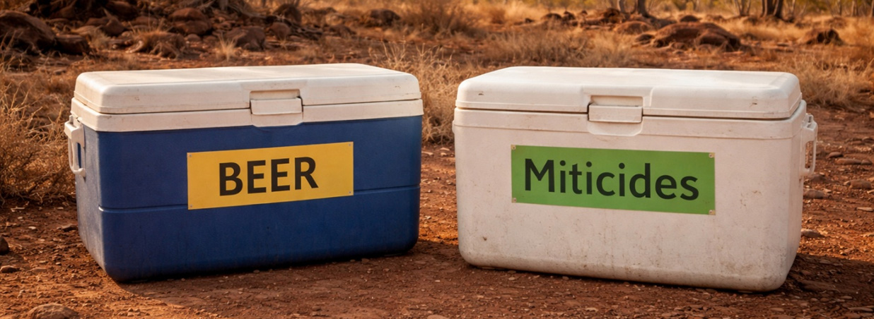 Figure 3. If you left your beer in the heat all day while you're working bees, how good would it be when you knock off? Protect your miticide investment and hives, follow storage temps. Credit: AI Image.